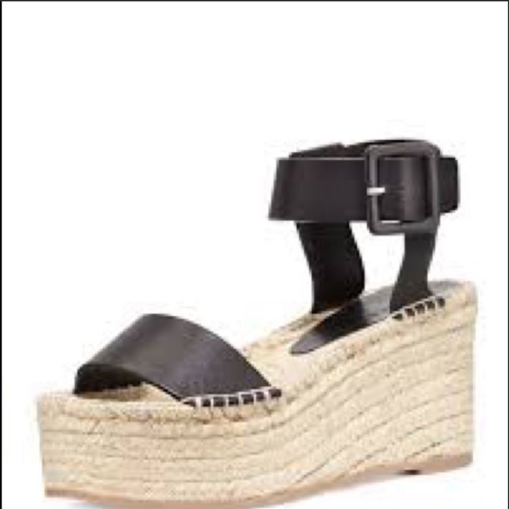 Vince Black Leather Ankle-Strap Espadrille Wedge Sandals